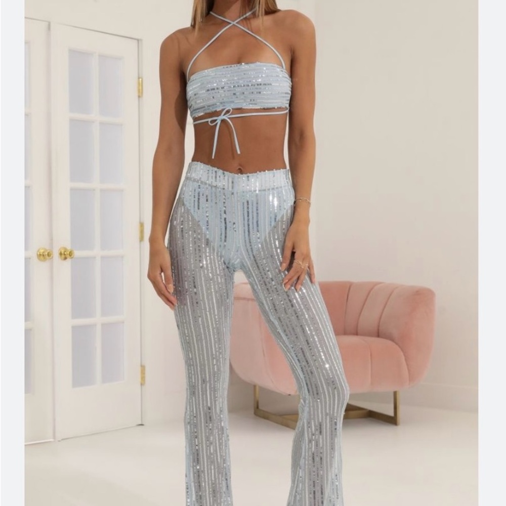 Lucy in the Sky Shimmering Blue Sequin Striped Two Piece Set